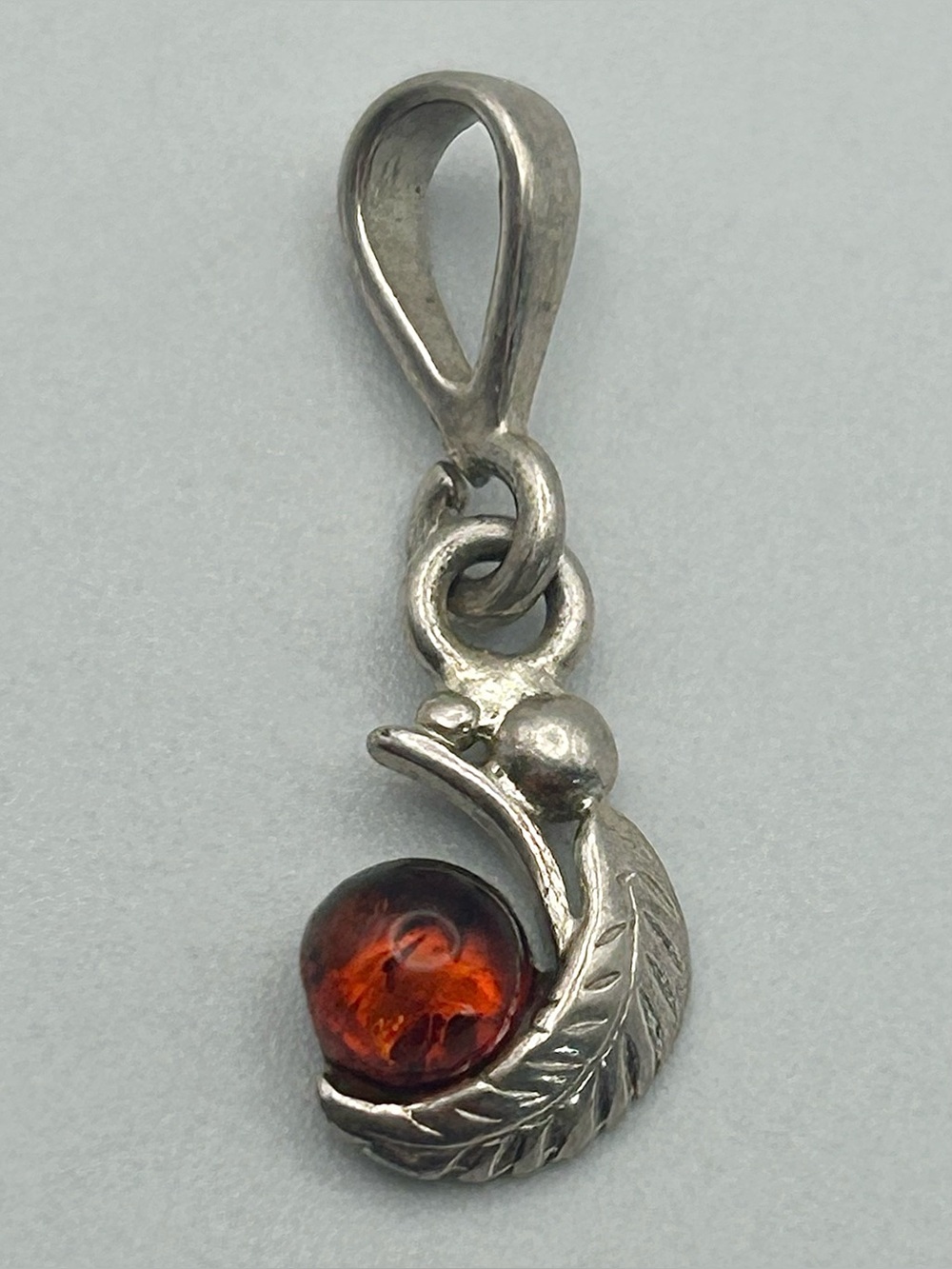 Sterling Silver Leaf & Amber Pendant - Minimalist Botanical Jewelry